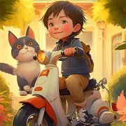 可爱动漫小男生带猫咪骑摩托头像图片